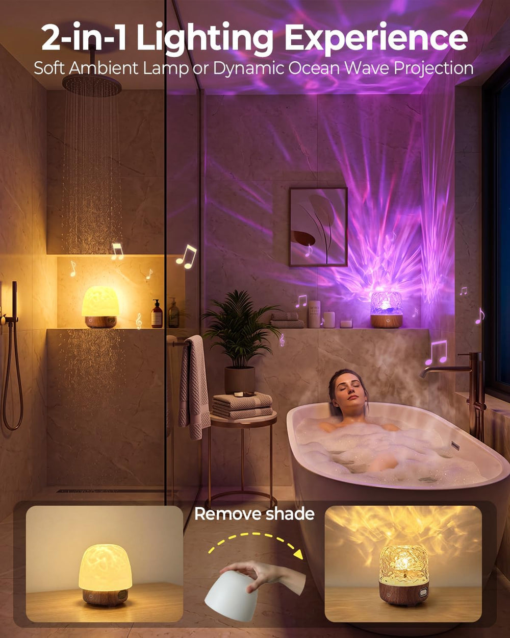 Waterproof Shower Mood Light with Bluetooth Speaker & Ocean Wave Projector