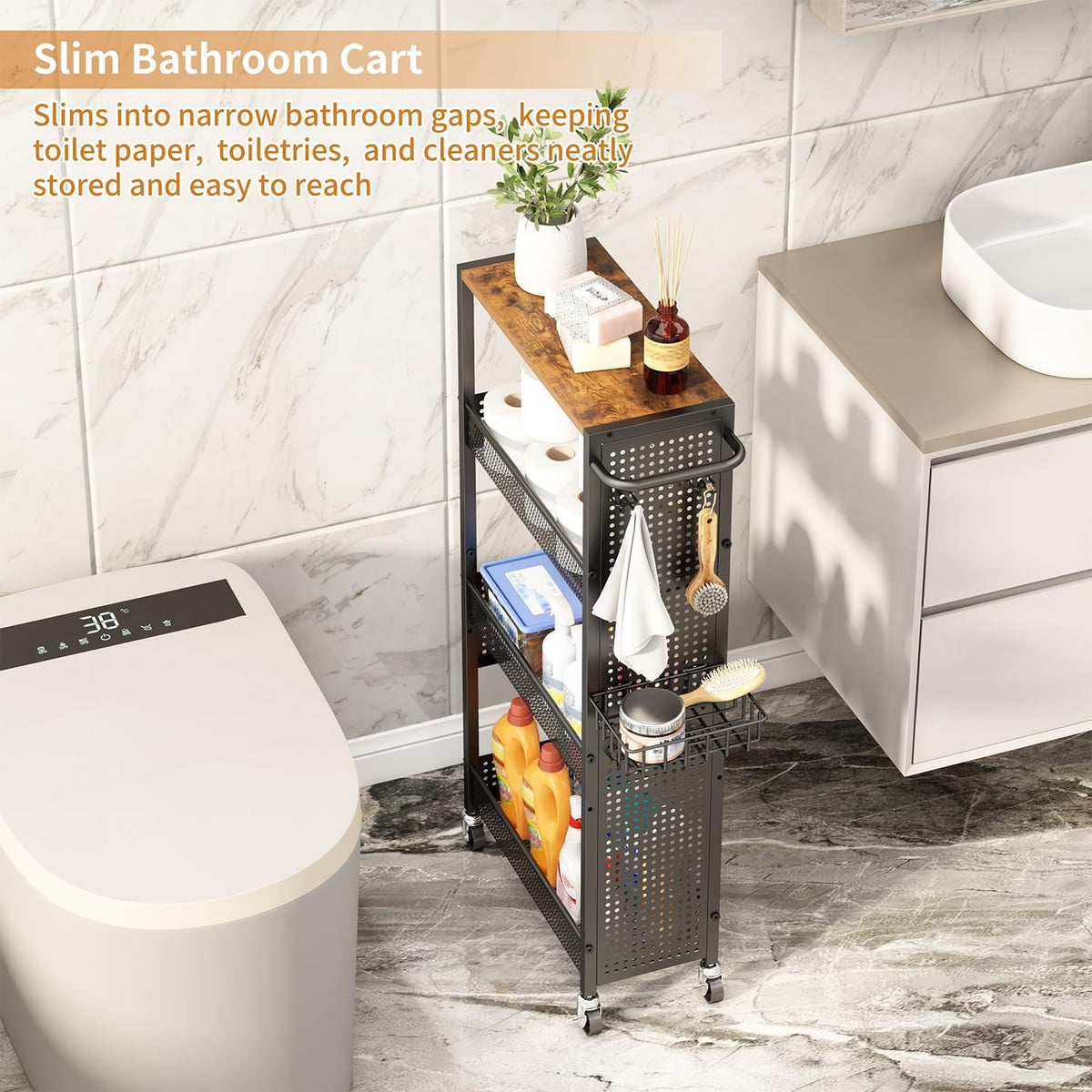 Slim Storage Rolling Cart: 4-Tier Narrow Metal and Wood Utility Cart with Wheels for Kitchen/Laundry/Bathroom(Black)