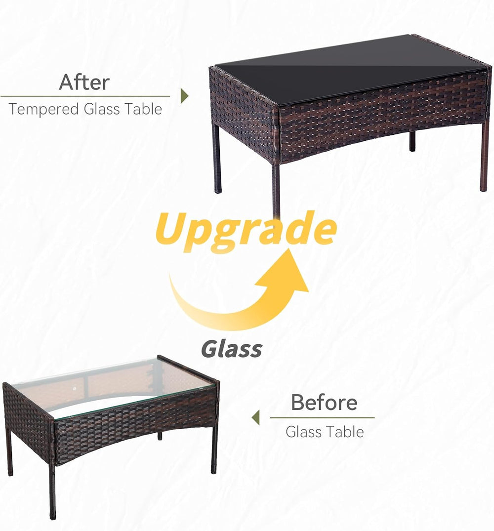 Patio Furniture Set 4 Pieces, Outdoor Rattan Furniture with Tempered Glass Co...