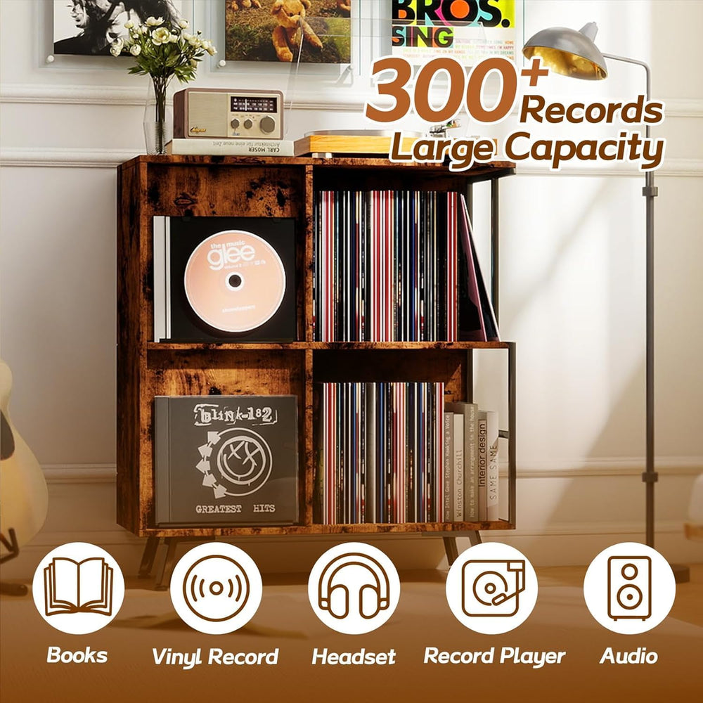 Faesun 3 Tier Record Player Stand with Flip-Down Record Shelf, Rustic Brown