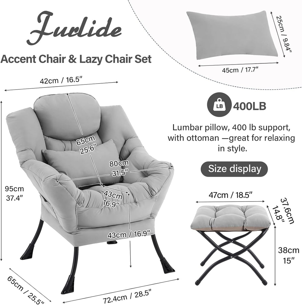Furlide Lazy Chair with Ottoman, Modern Lounge Chair with Lumbar Pillow, Acce...