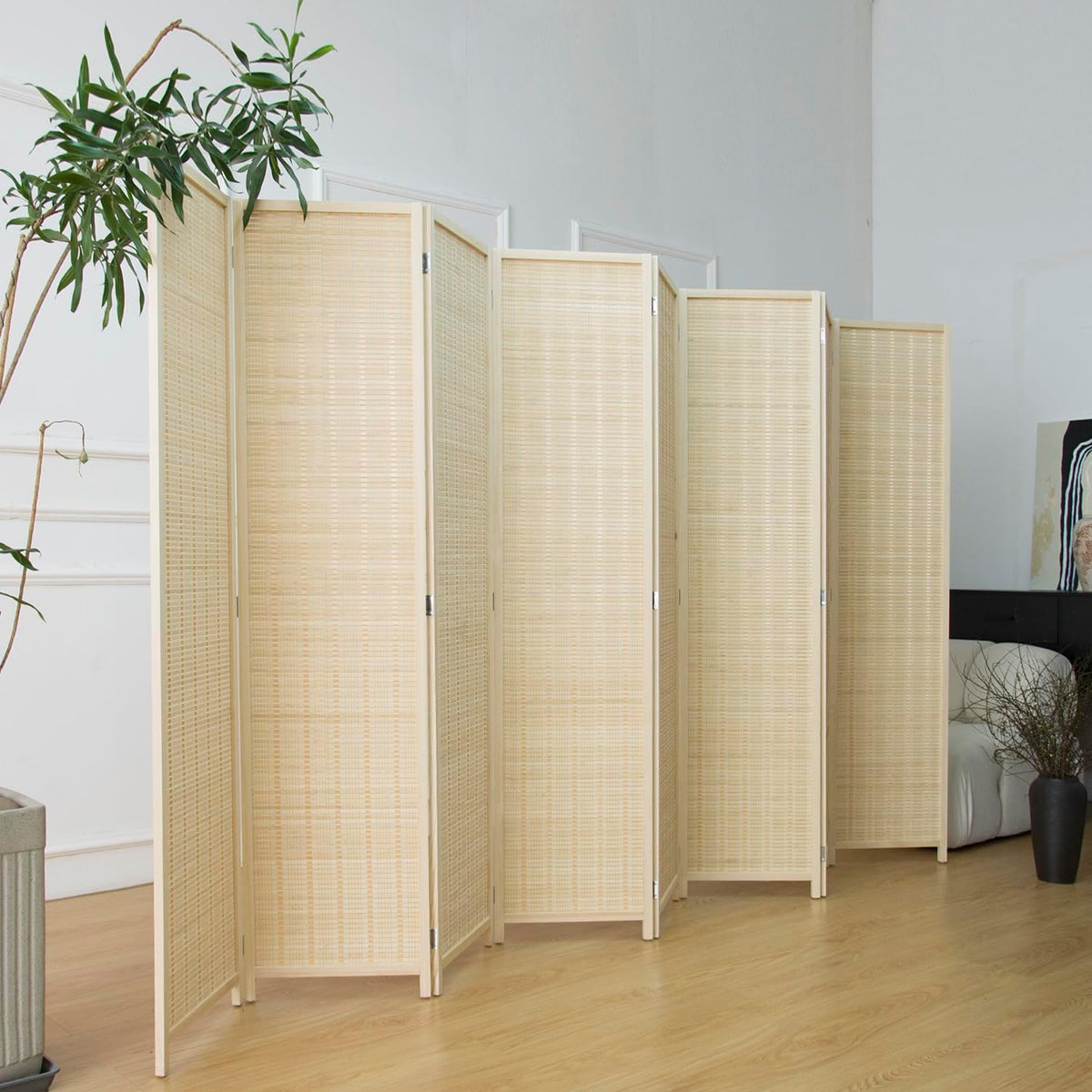 Furnnylane 8 Panel Bamboo Room Divider - 5.6 ft Tall Folding Privacy Screen, Natural Beige Freestanding Partition Wall (67" x 122.8", 8-Panel)