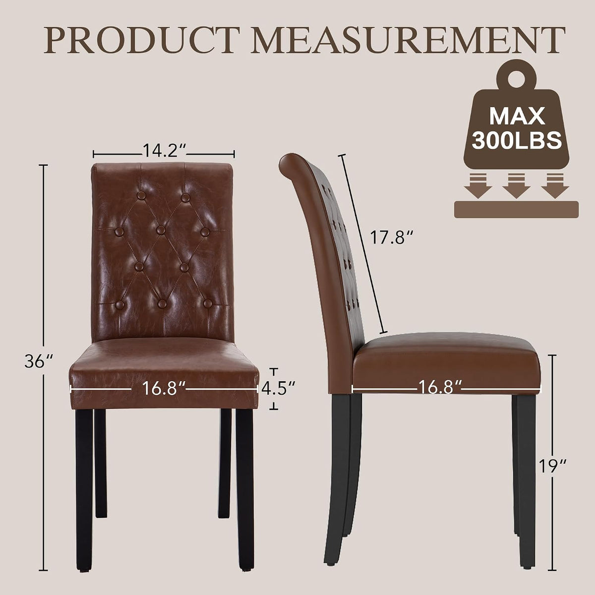 LSSBOUGHT Set of 2 Modern Tufted Dining Chairs, Button Padded Fabric Chairs with Solid Wood Legs, Upholstered Armless Dining Side Chairs for Home Dining Room(Brown,No Table)