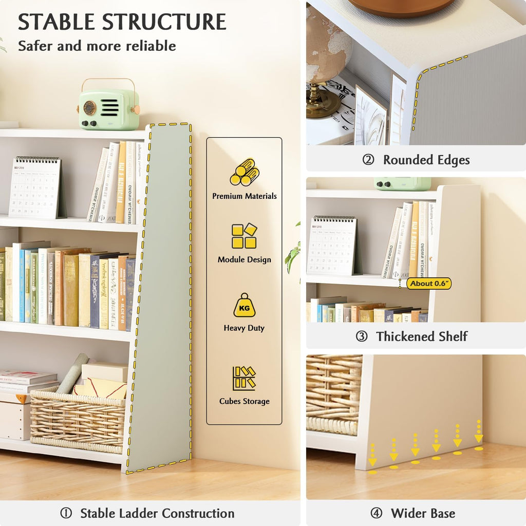 iotxy wooden extendable shelf bookcase, 3-tier low bookshelf, side view