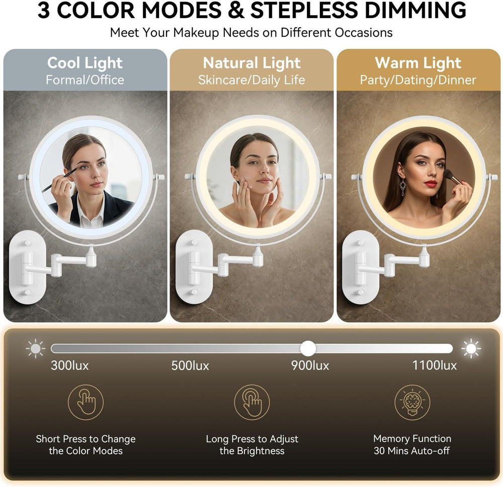 Auxmir 1X/20X Wall Mounted Makeup Mirror, 8" Rechargeable Magnifying Mirror