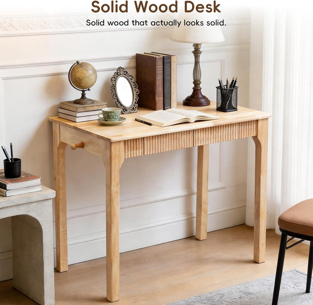 100% Solid Wood Desk,Small Oak Writing Desk，15-Min Assembly，Natural