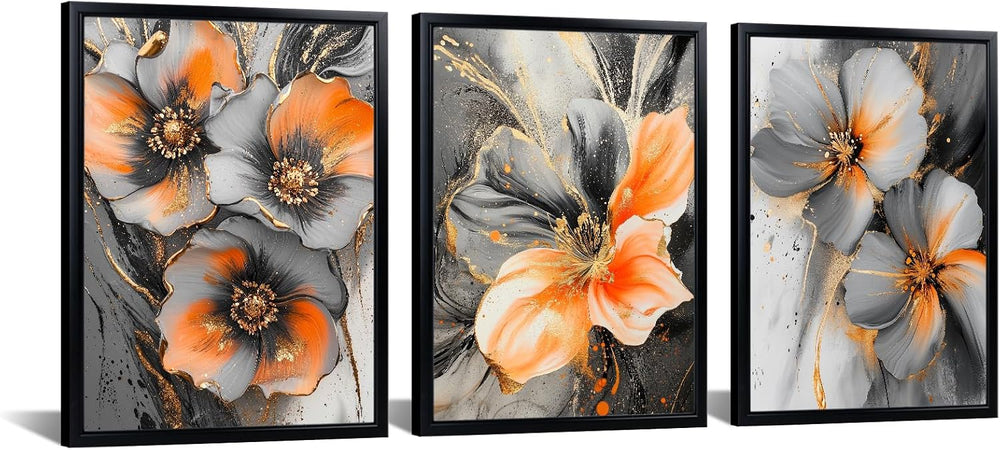 3 Piece Orange and Grey Abstract Flower Canvas Wall Art with Black Frame