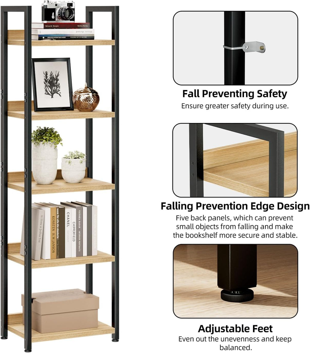 NUMENN Narrow Bookshelf, 5 Tier Freestanding Shelving Unit, Natural