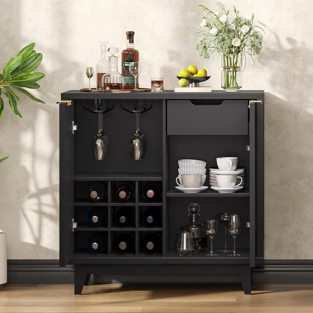Vabches Modern Fluted Coffee Bar Cabinet with Removable Wine Rack, Black