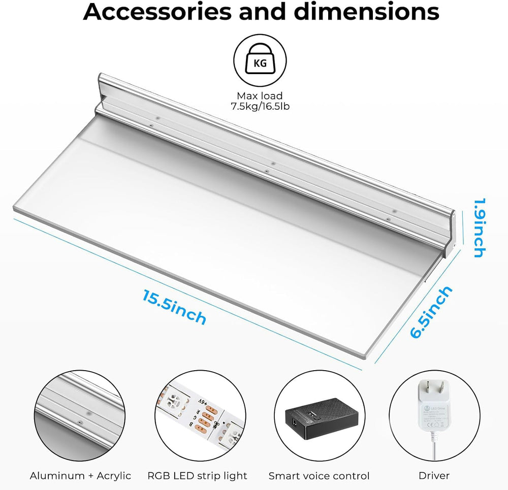 Smart Floating Shelves with Lights, LED 2-Tier Wall Mounted Acrylic Shelf