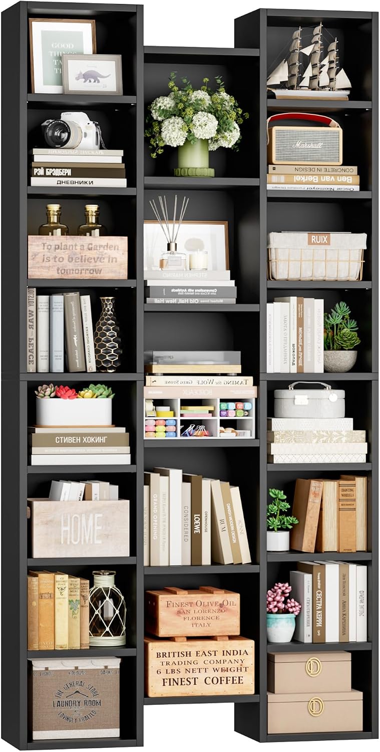 FOTOSOK 71'' H Black Bookshelf with 21 Cubes, Triple Wide Tall Bookshelf