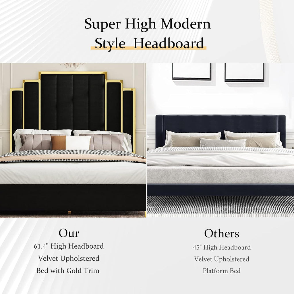 Albott Queen Size Platform Bed Frame, 61.4" Velvet Upholstered Bed with Gold Trim Headboard/Wooden Slats/No Box Spring Needed/Black