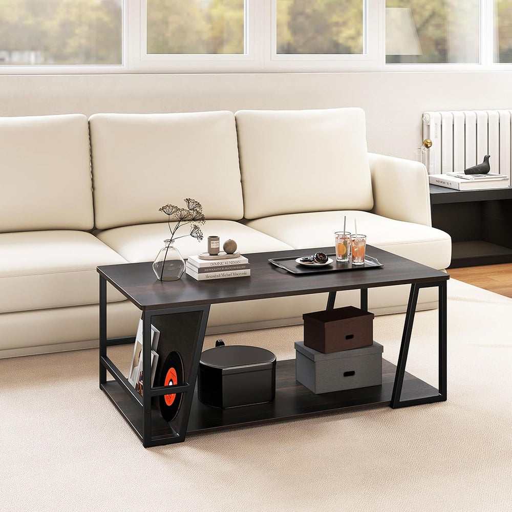 GIANTEX Modern Coffee Table with Storage, 2-Tier Wood Center Table, Brown