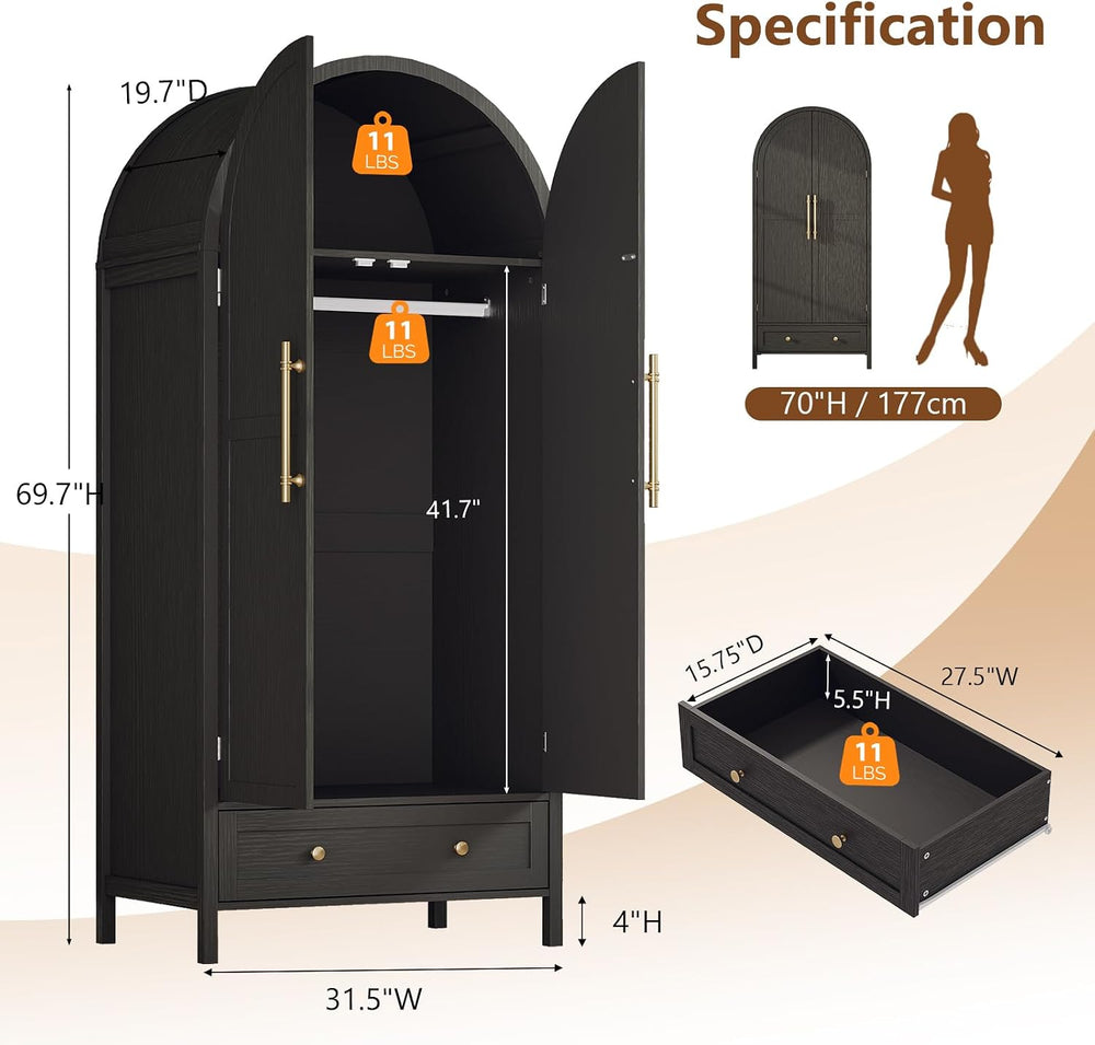 VINGLI Arched Wardrobe Closet Armoire with Doors and Drawer, Bedroom Armoires...