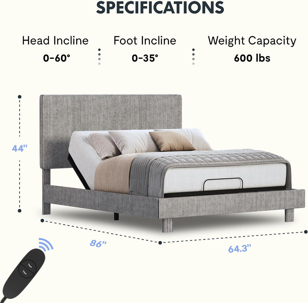FLEXISPOT Queen Adjustable Bed with Velvet Upholstered Frame, Light Grey