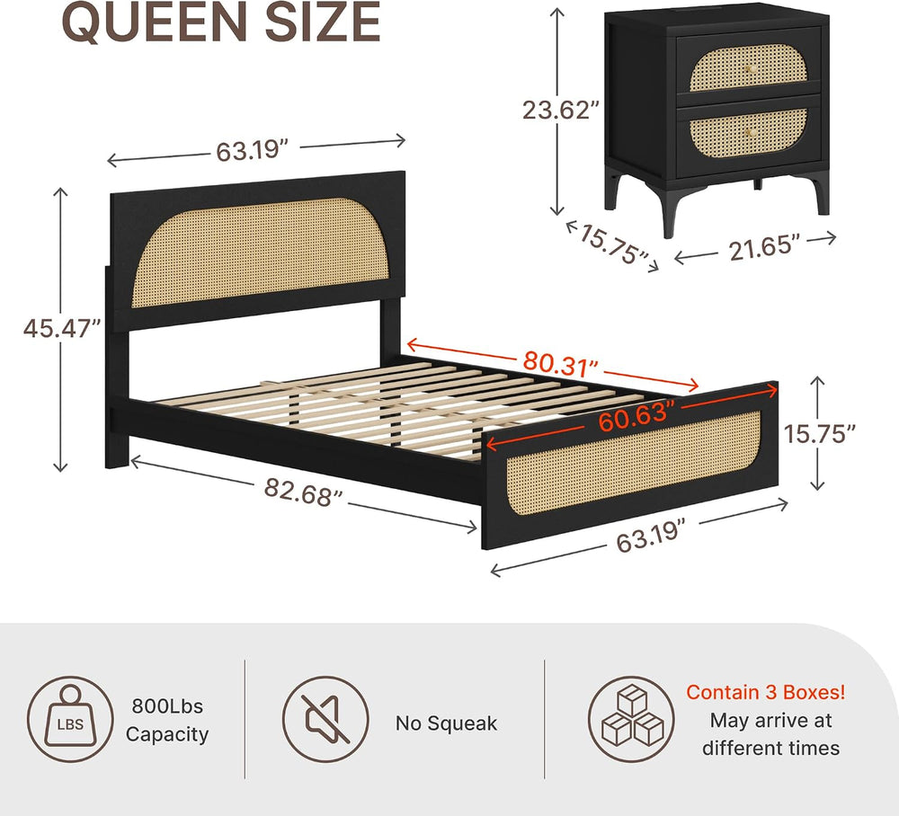 KISLOT Rattan Bed Frame with 2 Nightstands, Boho Platform, Black, Queen