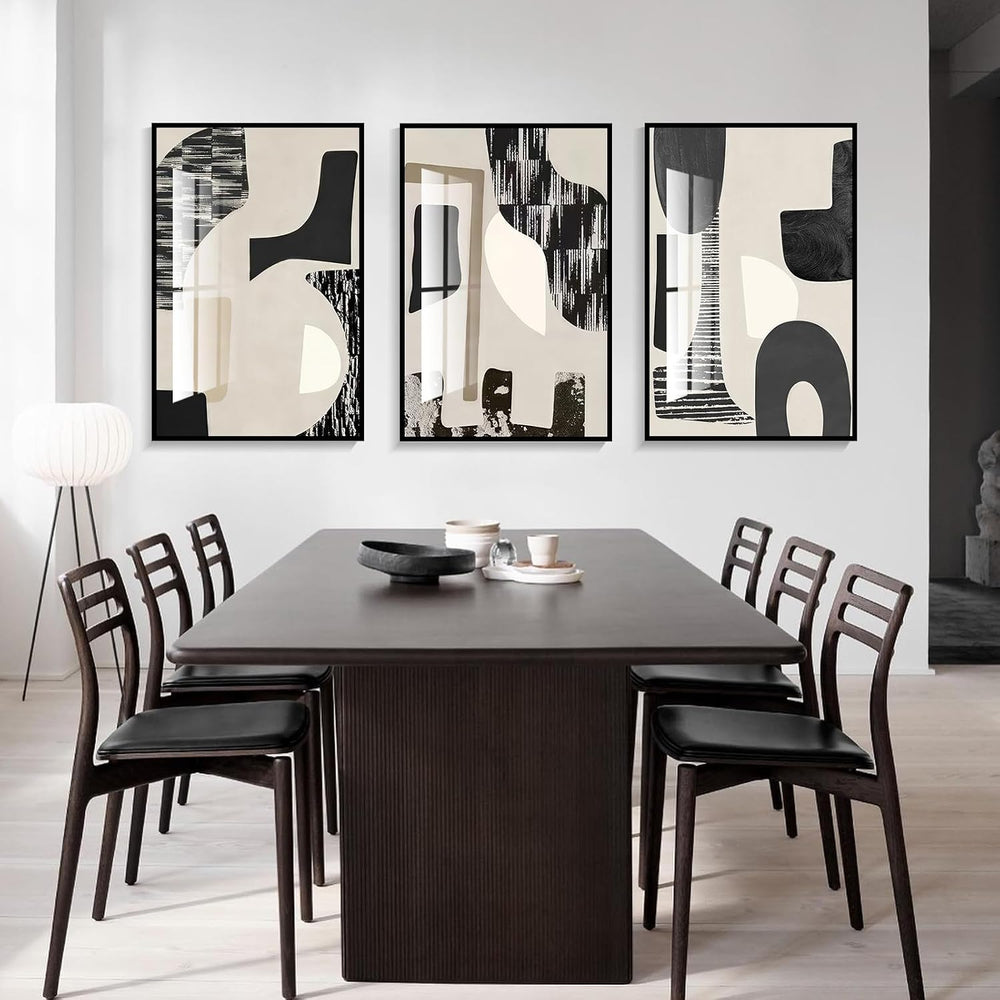 QKF 3Pcs Black White Abstract Crystal Geometric Framed Canvas Wall Art Set