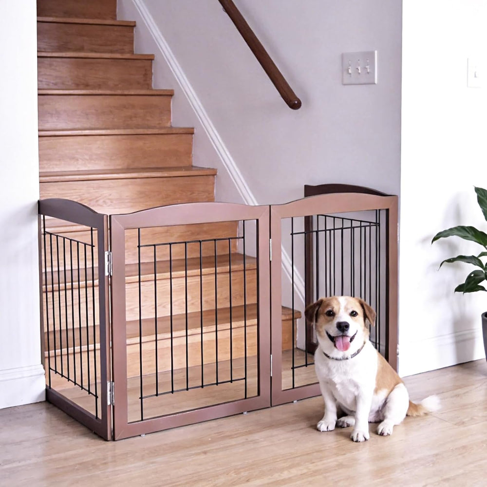 ZJSF Freestanding Foldable Dog Gate for House Extra Wide Wooden Brown Puppy G...