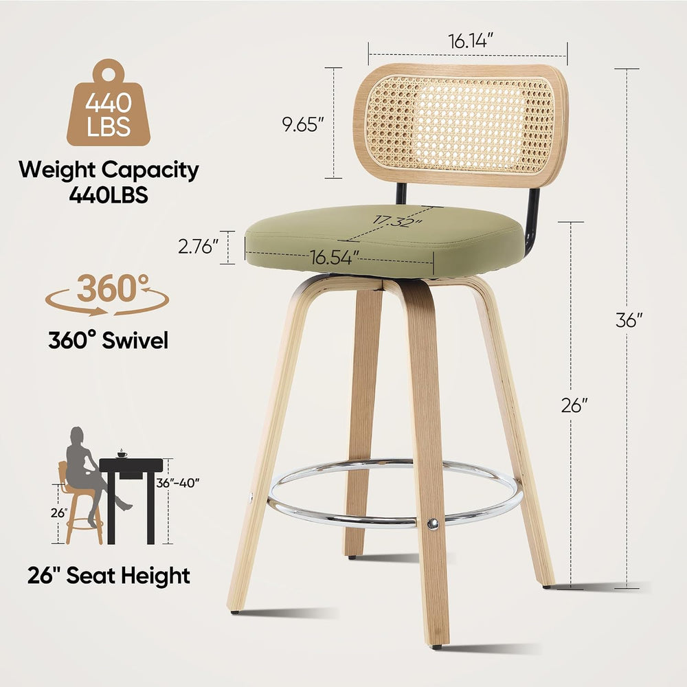 KEEZY Natural Rattan Bar Stools Set of 2, 26 Inch Counter Height Barstools wi...