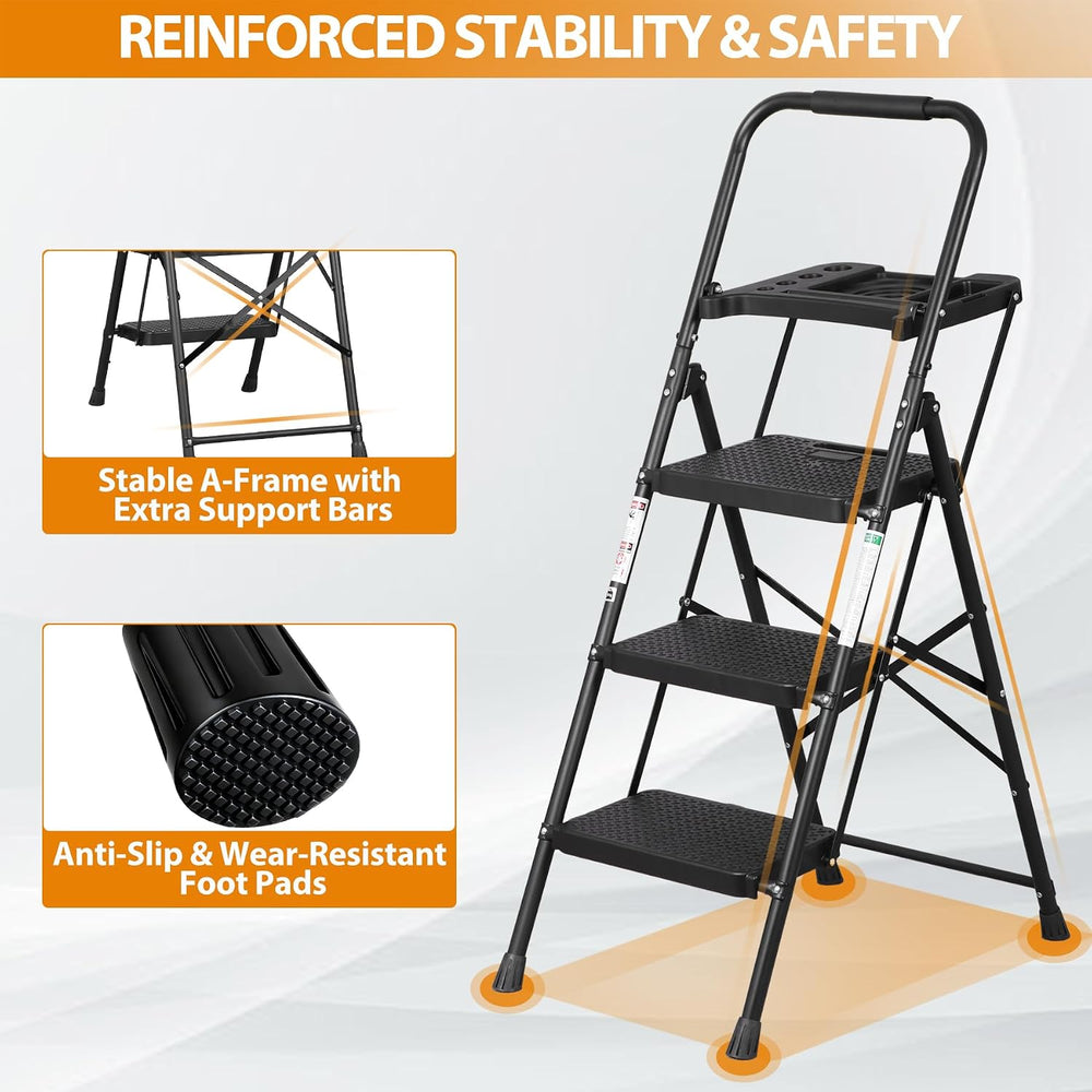 ZENY 3 Step Ladder, Folding Step Stool for Adults, Portable Steel Ladder with...