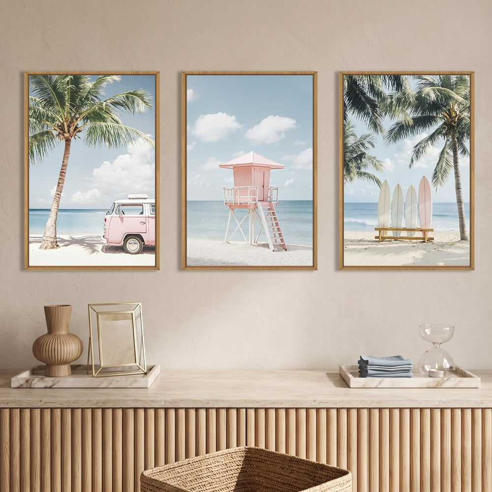Celestdeco Beach Coastal Seascape Framed Canvas Wall Art Set-16"x24"x3
