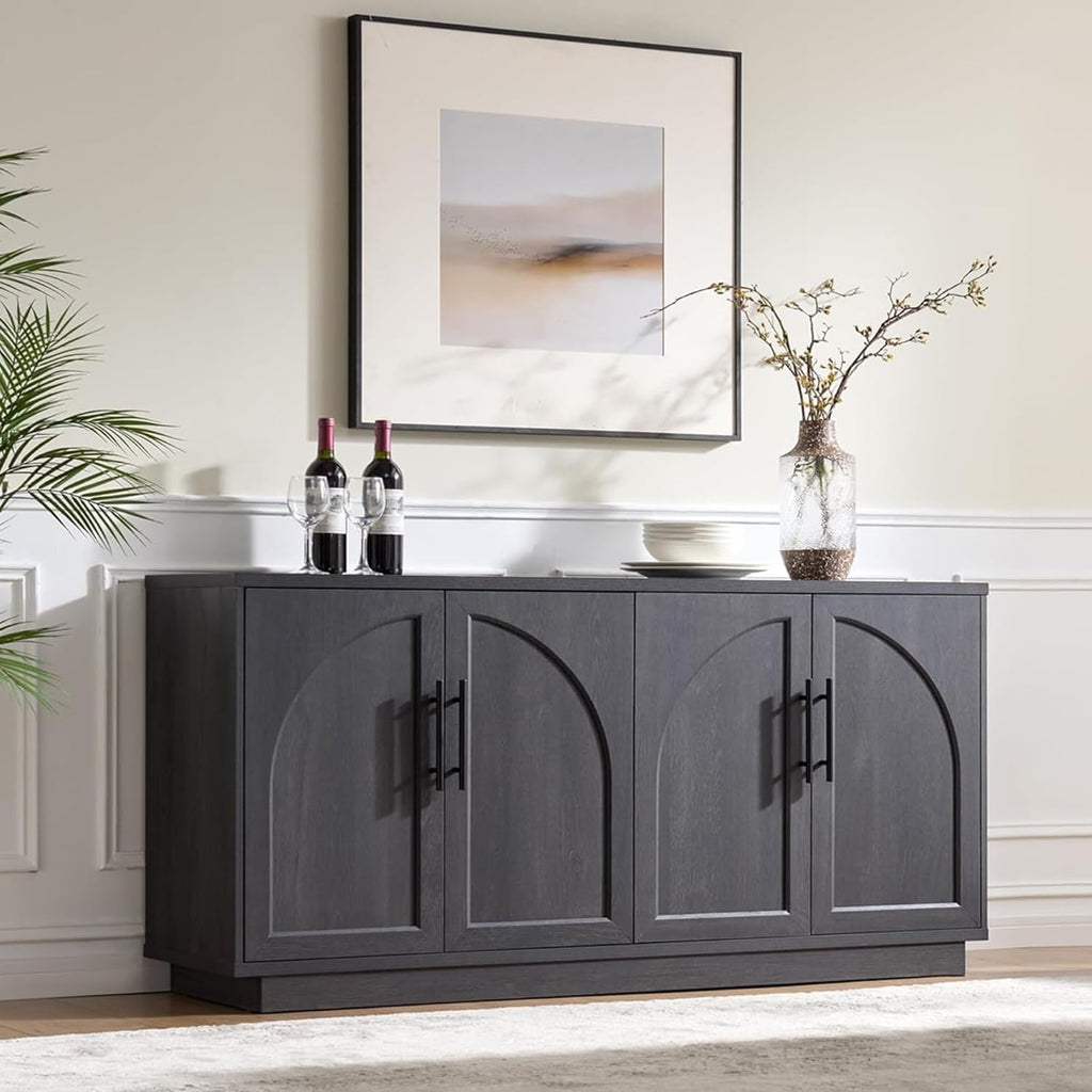 Fatmok Buffet Cabinet with Storage, 59'' Modern Arched Sideboard Cabinet w/Adjustable Shelves, Wood Media TV Console Table Credenza for Living Room Hallway Entryway, Black Grey