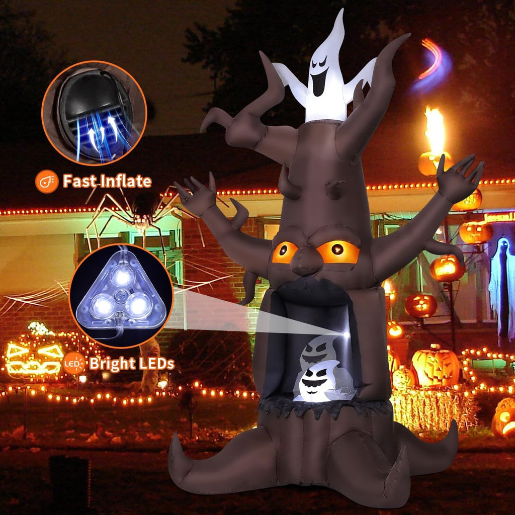 GOOSH 9 FT Halloween Inflatable Animated Dead Tree Outdoor Decorations Blow Up Yard Scary Tree And White Ghost With Built-In LEDs For Outdoor Garden Lawn Party Decor
