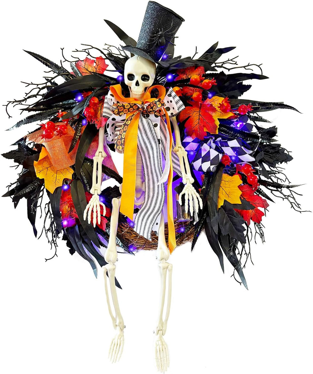 HipTree 28 Inch Halloween Skeleton Wreath for Front Door with Lights