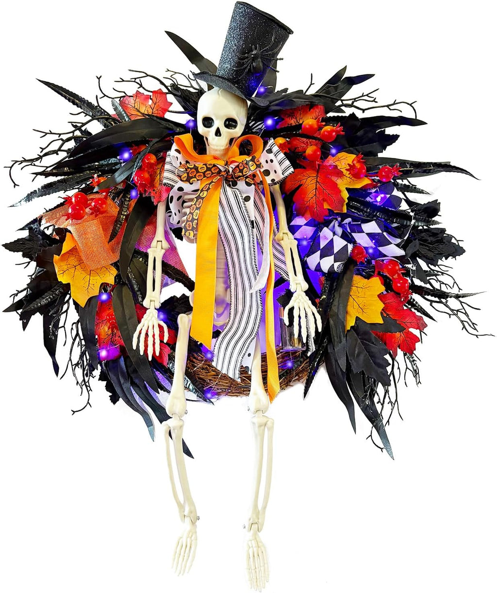 HipTree 28 Inch Halloween Skeleton Wreath for Front Door with Lights