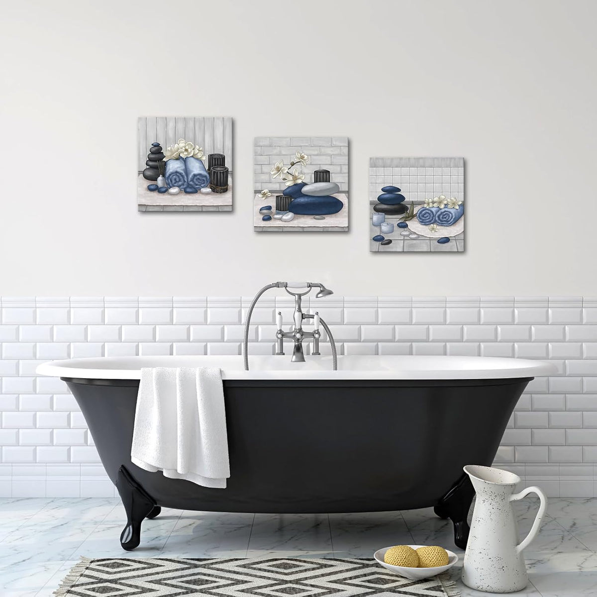 RnnJoile Spa Canvas Wall Art Zen Stone Orchid Picture Painting Navy Blue Still Life Prints for Bathroom Zen Meditation Room Decor Framed 12"x12" for Each