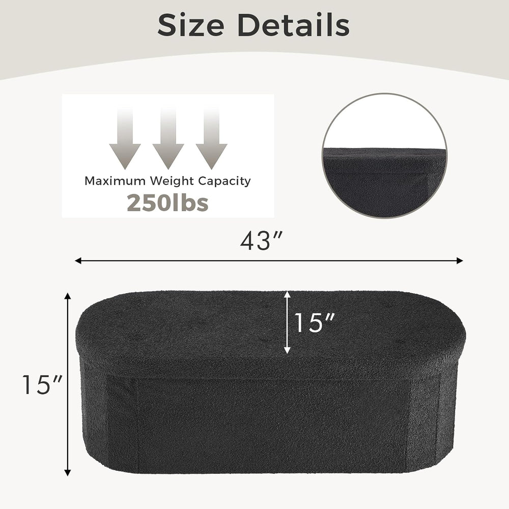DUMOS 43" Oval Storage Ottoman Bench End of Bed, Black Teddy Fabric