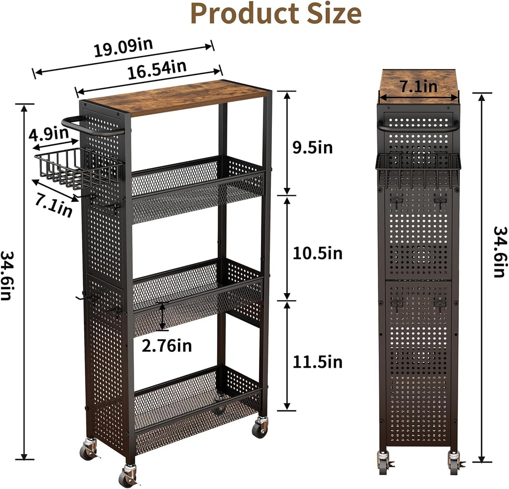 Slim Storage Rolling Cart: 4-Tier Narrow Metal and Wood Utility Cart with Wheels for Kitchen/Laundry/Bathroom(Black)