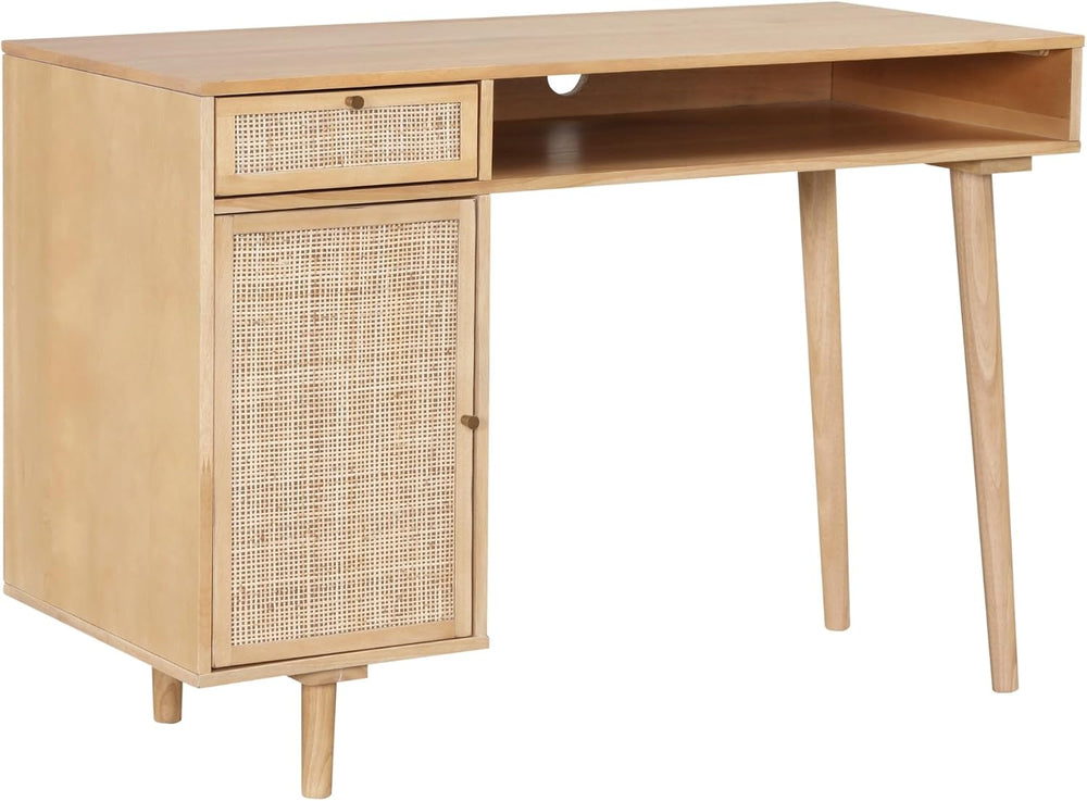 Nathan James Aaron Modern Desk with Storage, Natural Rattan Table with Square...