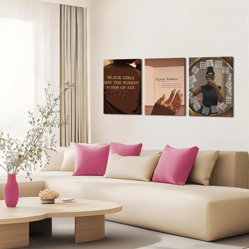 Black Girl Wall Art Set of 3 African American Canvas Wall Decor Fashion Abstr...