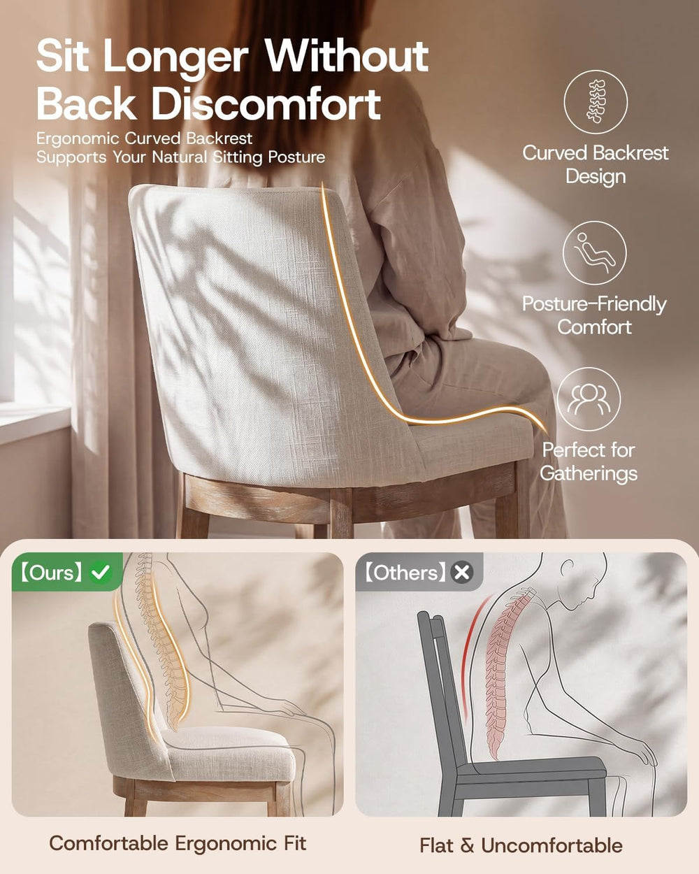 HNY Beige Linen Fabric Dining Chairs Set of 2 with Comfortable Back Support