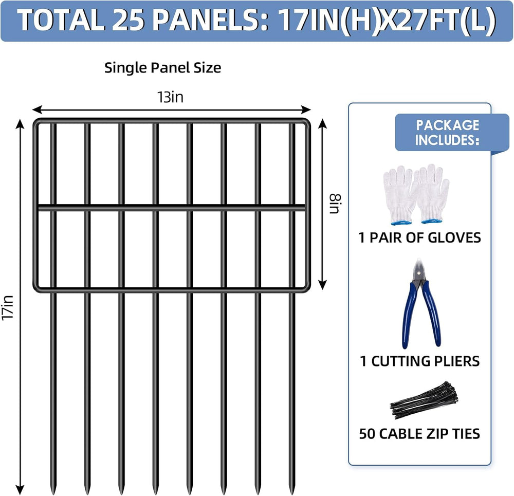 25 Pack Garden Animal Barrier Fence, 17in(H) x27ft(L) No Dig Decorative Fence...