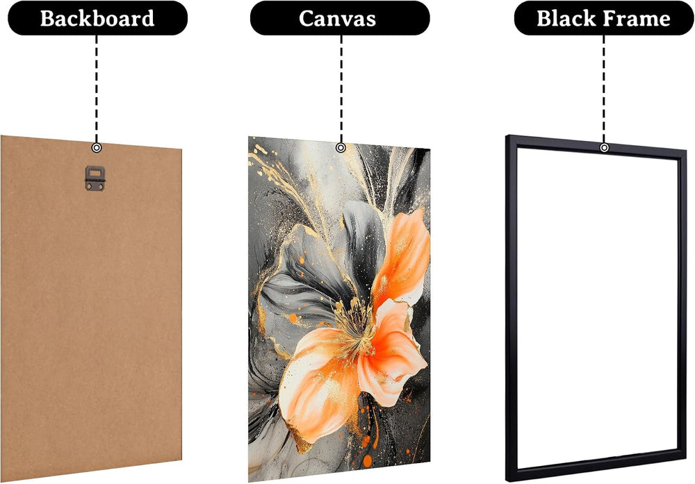 3 Piece Orange and Grey Abstract Flower Canvas Wall Art with Black Frame
