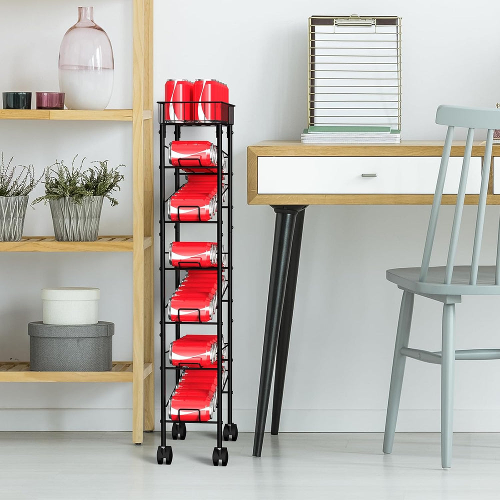 Slim Can Organizer Rack, Iron Narrow Soda Dispenser Holder with Wheels