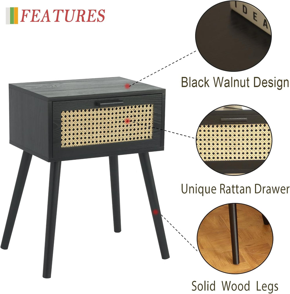 AWASEN Mid Century Modern Nightstand, Rattan Black Side Table with Drawer