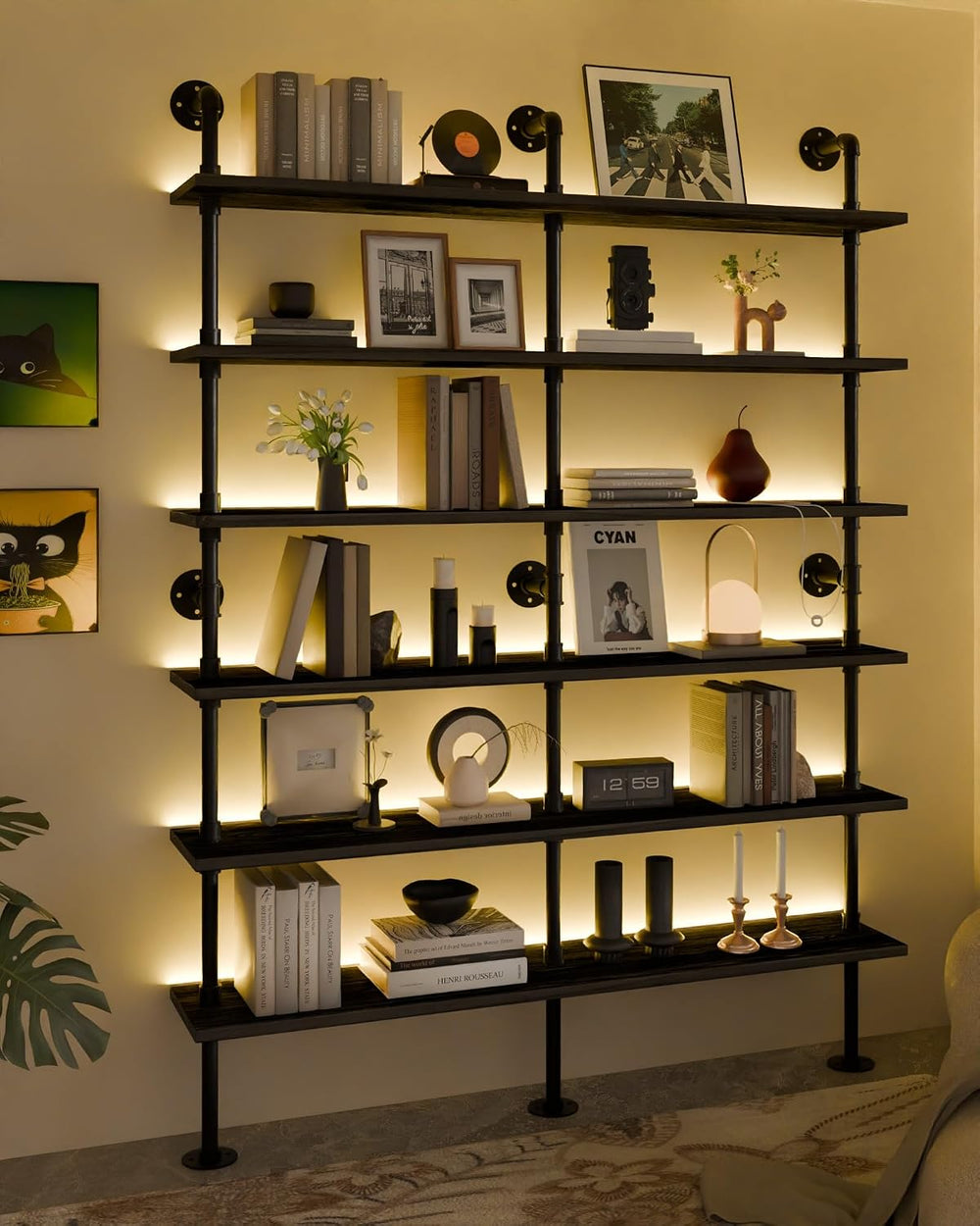 6-Tier LED Ladder Shelf, Wall Mounted Pipe Bookshelf, Black 60 Inch
