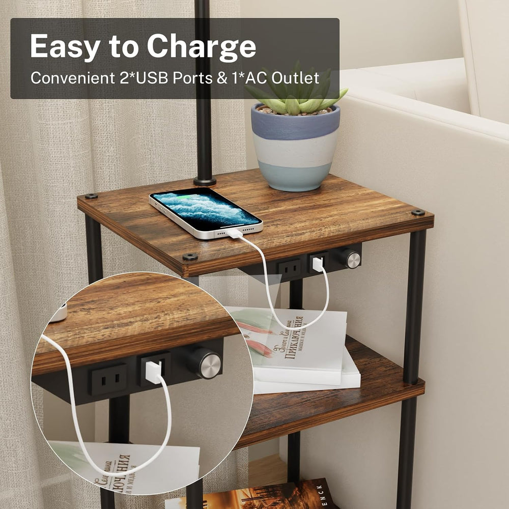 Floor Lamp with Table and Shelves, Side Table with USB Charging Port and Outl...