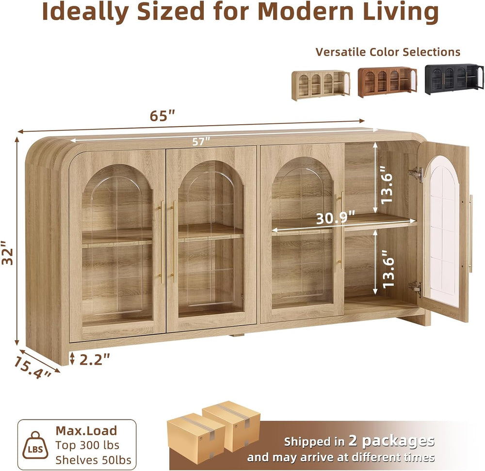 65" Sideboard Buffet Cabinet with Arched Glass Doors, Natural