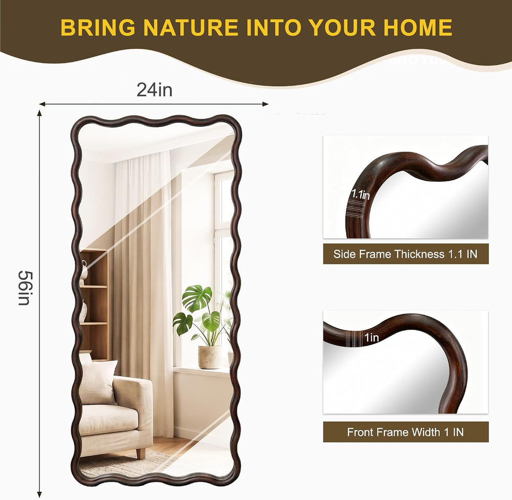 Full Length Mirror, 56”x24” Wavy Floor Mirror Wood Framed,Dark Brown