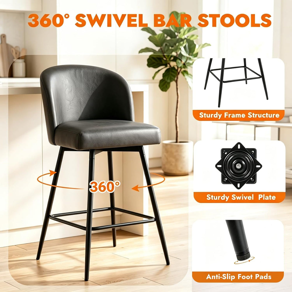 Counter Height Bar Stools Set of 3, 360° Swivel Upholstered Barstools with Ba...