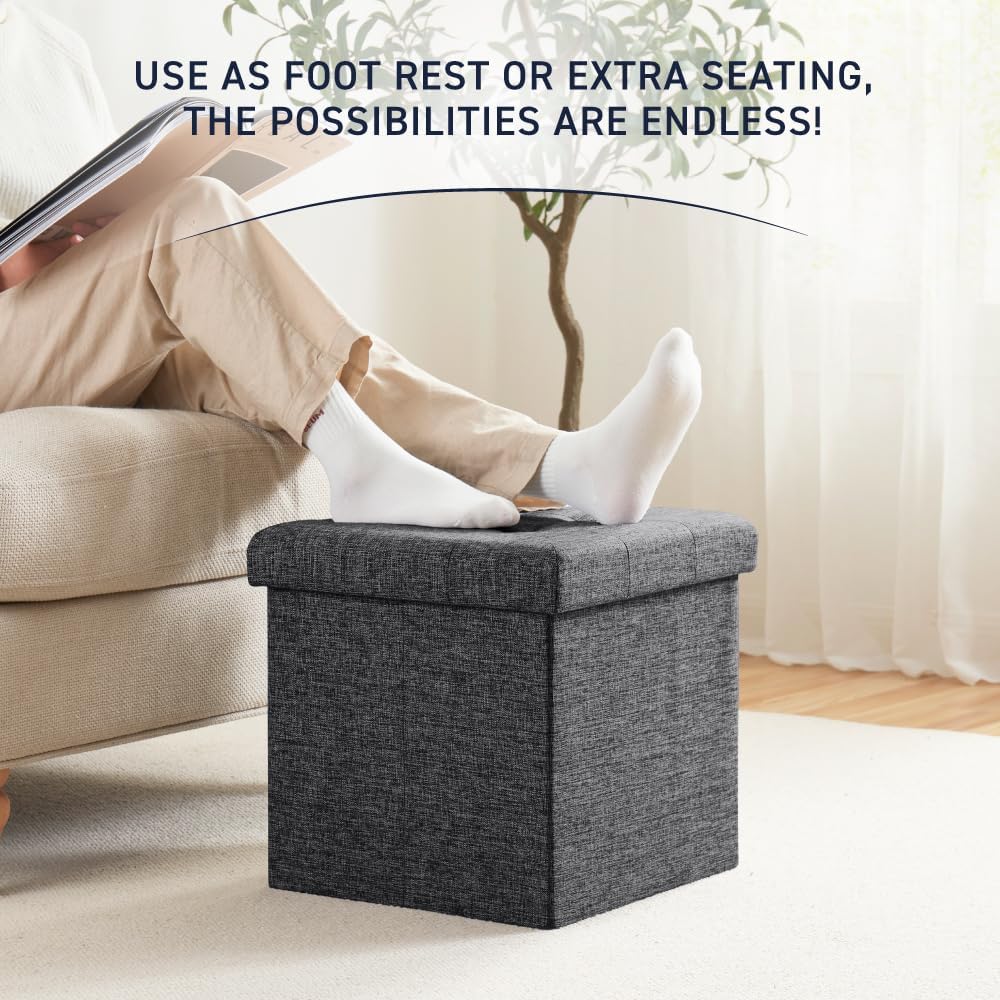 Ornavo Home 15 Inch Folding Storage Ottoman Cube, Tufted Linen, Dark Gray
