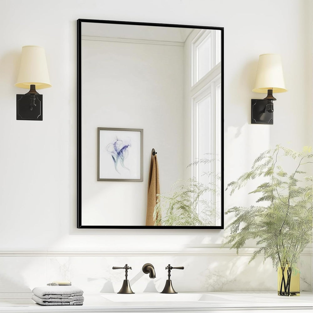 Sunniry Bathroom Vanity Mirror, 16x24 inch Black Wall Mirror, Metal Frame