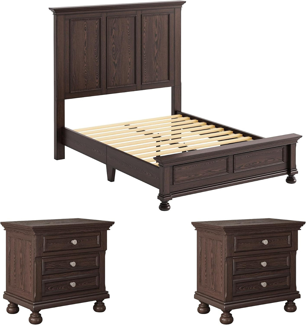 AMERLIFE Solid Wood 3-Piece Set, Queen Bed & 2 Nightstands, Dark Brown
