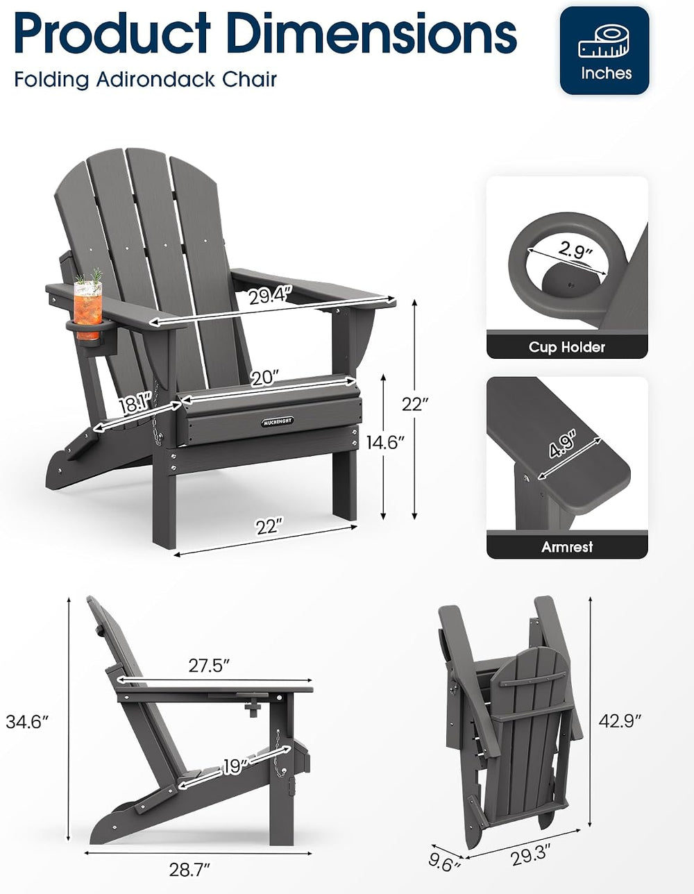 MUCHENGHY Folding Adirondack Chairs Set of 4, HDPE Patio Chair, Grey