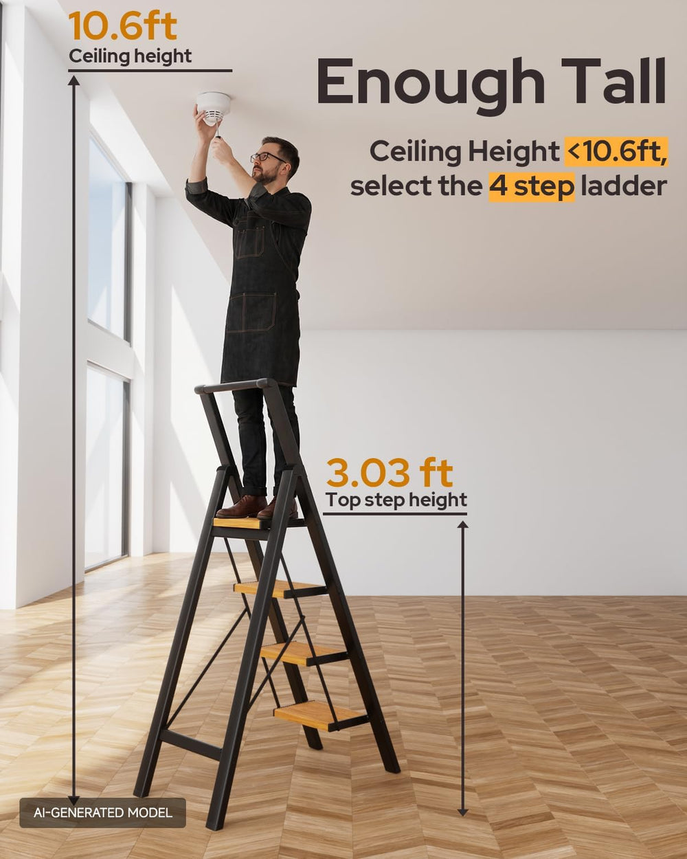4 Step Ladder, Foldable 4 Step Stool, Black & Woodgrain