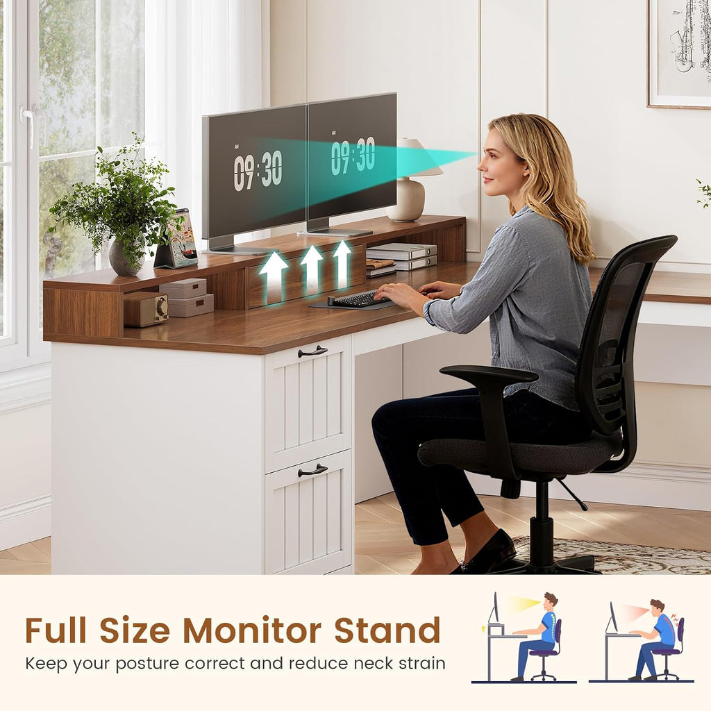 SEDETA Farmhouse 63" L Shaped Desk with Drawers and Storage Cabinet